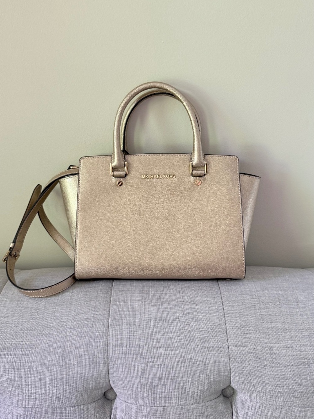 Michael Kors Selma Medium Metallic Champagne Saffiano Leather Satchel Crossbody